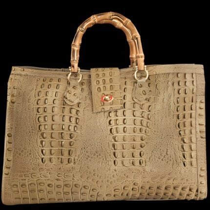 Borsa in pelle effetto pitone con manici in legno