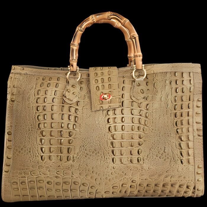 Borsa in pelle effetto pitone con manici in legno