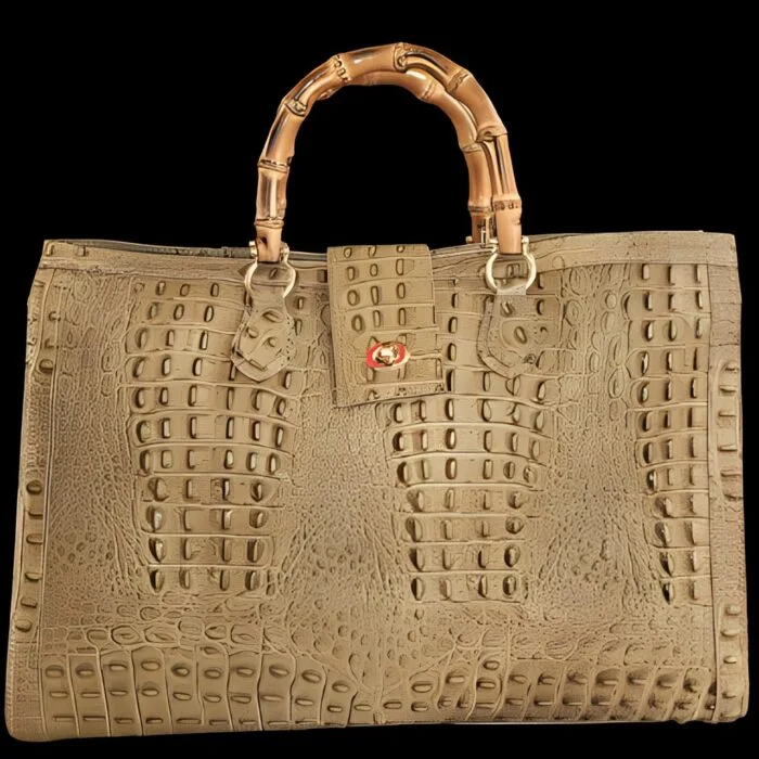 Borsa in pelle effetto pitone con manici in legno